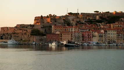 Panoramic twilight shot of Portoferraio, island of Elba, Tuscany, Italy, the seat of the first exile of Napoleon Bonaparte in 1814