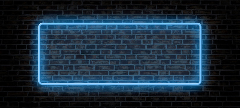 blue neon frame signboard at night on brick wall