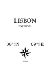 Lisbon, Portugal - inscription with the name of the city, country and the geographical coordinates of the city. Compass icon. Black and white concept, perfect for a poster, background, card, textiles
