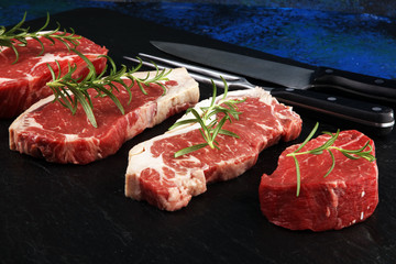 Fototapeta na wymiar Variety Steak raw. Barbecue Rib Eye Steak, dry Aged Wagyu Entrecote Steak.