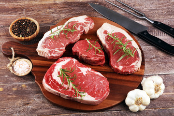 Variety Steak raw. Barbecue Rib Eye Steak, dry Aged Wagyu Entrecote Steak.