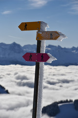 Hiking trail signs with snow and ice on a swiss mountain in winter. Mountains and clouds in the background
