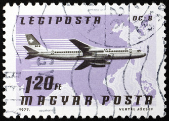 Postage stamp Hungary 1977 plane DC-8, Swissair
