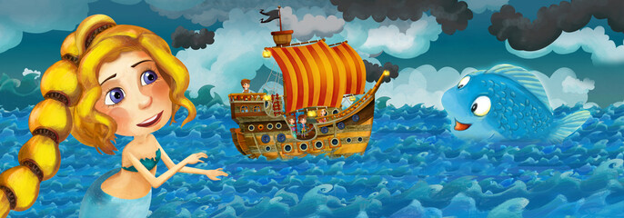 Obraz na płótnie Canvas Cartoon scene with old ship sailing during storm with mermaid watching - illustration for the children