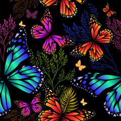Abstraction summer. Flowers with butterflies. Seamless background. Vector illustration