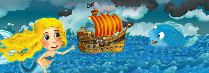 Cartoon scene with old ship sailing during storm with mermaid watching - illustration for the children