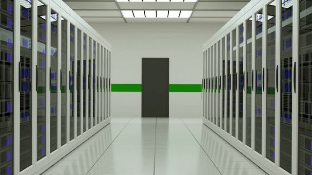 Server room slow fly through with flashing lights