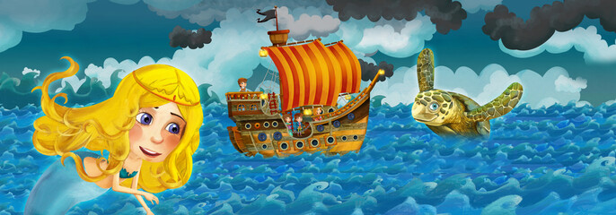 Naklejka premium Cartoon scene with old ship sailing during storm with mermaid watching - illustration for the children