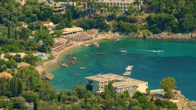 View from above on Paleokastritsa bay in a sunny day, Corfu island, Greece. ProRes 422HQ 10 Bit mov.