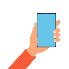 Human close-up hand holding smartphone with blue empty display isolated on white background. Mock-up phone blank screen. Flat cartoon style vector illustration.