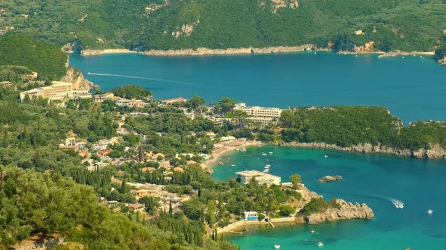 View from above on Paleokastritsa bay in a sunny day, Corfu island, Greece. ProRes 422HQ 10 Bit mov.