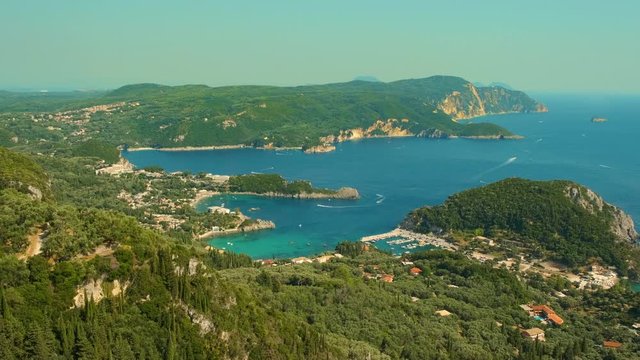 View from above on Paleokastritsa bay in a sunny day, Corfu island, Greece. ProRes 422HQ 10 Bit mov.