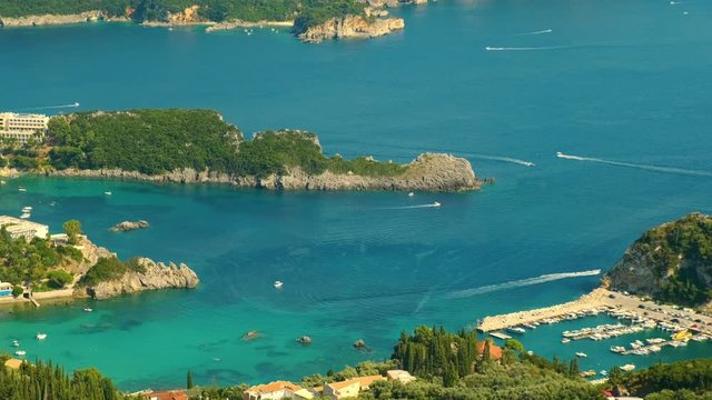 View from above on Paleokastritsa bay in a sunny day, Corfu island, Greece. ProRes 422HQ 10 Bit mov.