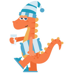 Sleepy dinosaur with a pillow and a glass of milk. Cartoon style. Vector illustration. Flat design style.
