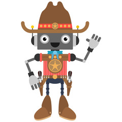 Smiling cartoon Sheriff robot waving ne hand. Cartoon style. Vector illustration. Flat design style.