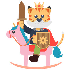 Tiger boy playing being king in a wooden unicorn. Cartoon style. Vector illustration. Flat design style.