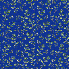 Fototapeta na wymiar Seamless pattern hand-drawn graphic watercolor sketchy blueberry twigs with leaves and berries on a classic blue background.