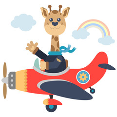 Cute giraffe fly with plane. Cartoon style. Vector illustration. Flat design style.