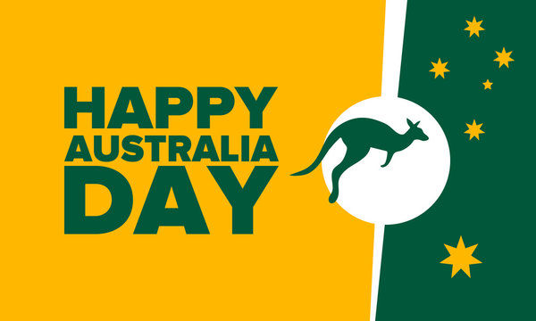 Australia Day. National happy holiday, celebrated annual in January 26. Australian patriotic elements.  Kangaroo silhouette. Poster, card, banner and background. Vector illustration