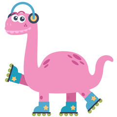 Happy dinosaur riding a roller listening to music. Cartoon style. Vector illustration. Flat design style.