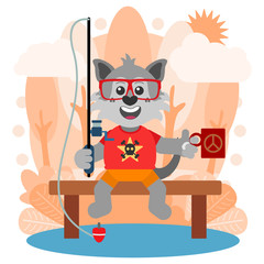 Happy gray wolf fishing with a rod and drinking a cup of coffee in a small lake. Cartoon style. Vector illustration. Flat design style.