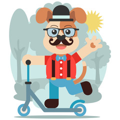 Happy hipster dog riding scooter smiling and waving with one hand. Cartoon style. Vector illustration. Flat design style.
