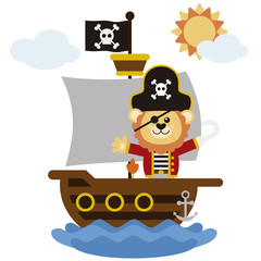 Lion pirate sailing on a boat. Cartoon style. Vector illustration. Flat design style.