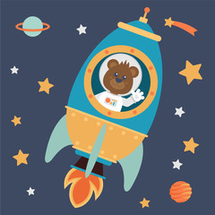 Little astronaut bear on a space rocket. Cartoon style. Vector illustration. Flat design style.