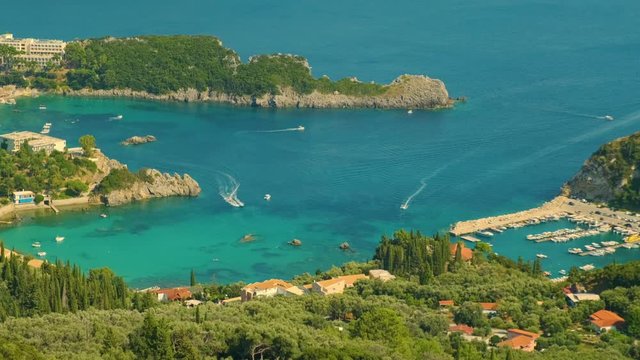 View from above on Paleokastritsa bay in a sunny day, Corfu island, Greece. ProRes 422HQ 10 Bit mov.