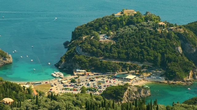 View from above on Paleokastritsa bay in a sunny day, Corfu island, Greece. ProRes 422HQ 10 Bit mov.