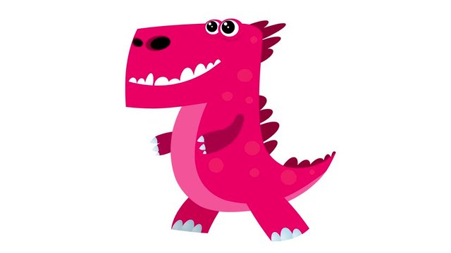 Cartoon flat design dinosaur tyrannosaurus walking cycle. Alpha matte included. Cute 2d hand made prehistoric pink animal character animation good for any use. 