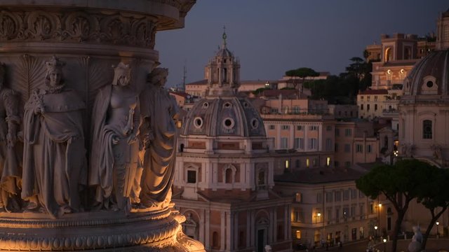 Rome Italy Sculptures at Night. Church of the Most Holy Name of Mary. Scenic Italian Architecture and Art.