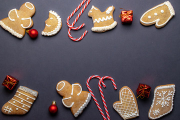 Gingerbread cookies, Christmas homemade gingerbread with empty copy space. Celebration cooking Winter concept. New year and Xmas postcard or invitation