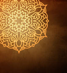 Gold vintage greeting card on a black background. Mandala. Great for invitation, flyer, menu, brochure, postcard, wallpaper, decoration, or any desired idea.