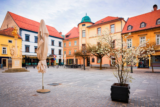 Cityscape with main square of Celje old town in Slovenia. Architecture in Slovenija. Travel