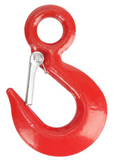 Red crane eye snap hook with latch macro isolated on white background