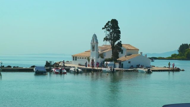 Vlacherna Monastery. Religious sight in Corfu, Ionian Islands, Greece. ProRes 422HQ 10 Bit mov. 