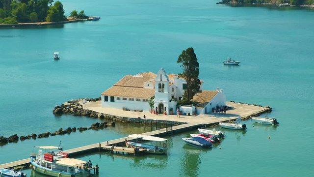 Vlacherna Monastery. Religious sight in Corfu, Ionian Islands, Greece. ProRes 422HQ 10 Bit mov. 