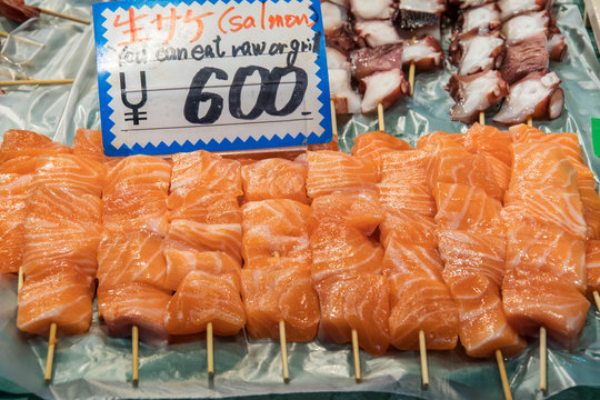 Sashimi for sale in a seafood store in the Kuromon Market in Osaka