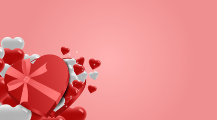 Valentine's Day Background with Chocolate Love Box and 3d Red and White hearts