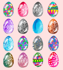 Easter Colored Eggs Clip Art. Watercolor and Sparkling Glitter Texture. Hand Painted Elements Isolated. Decor for Invitation and Greeting Card Design. 