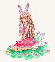 Watercolor Cute Bunny Girl. Fashion Illustration.  Easter Holidays Greeting Card Design. Sweet Print