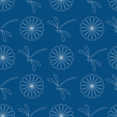 Seamless vector pattern background with dragonflies and flowers in japanese embroidery style. 