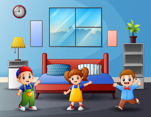 Cartoon happy children in the bedroom