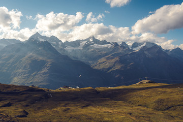 Fototapeta na wymiar Wide Angle Shot of Beautiful Swiss Alps Mountain Range 