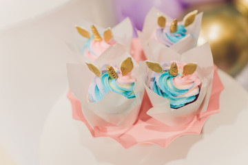 Cake birthday girl with figure, figure rainbow and unicorn.