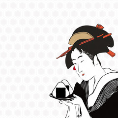 浮世絵　歌麿　イラスト　アレンジ　おにぎり　背景　Ukiyo-e ,Utamaro,Japanese Art,Rice Ball  