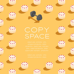 Cake with dumbbell 3D isometric pattern, Bakery healthy diet or lose weight concept poster and social banner square post design illustration isolated on cream background with space, vector