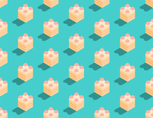 Cube Cake 3D isometric seamless pattern, Happy Birthday celebration concept poster and social banner post design illustration isolated on green background with copy space, vector eps 10