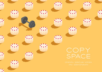 Cake with dumbbell 3D isometric pattern, Bakery healthy diet or lose weight concept poster and social banner horizontal post design illustration isolated on cream background with space, vector